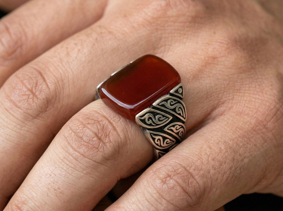 Bague en argent Akik rouge – Homme