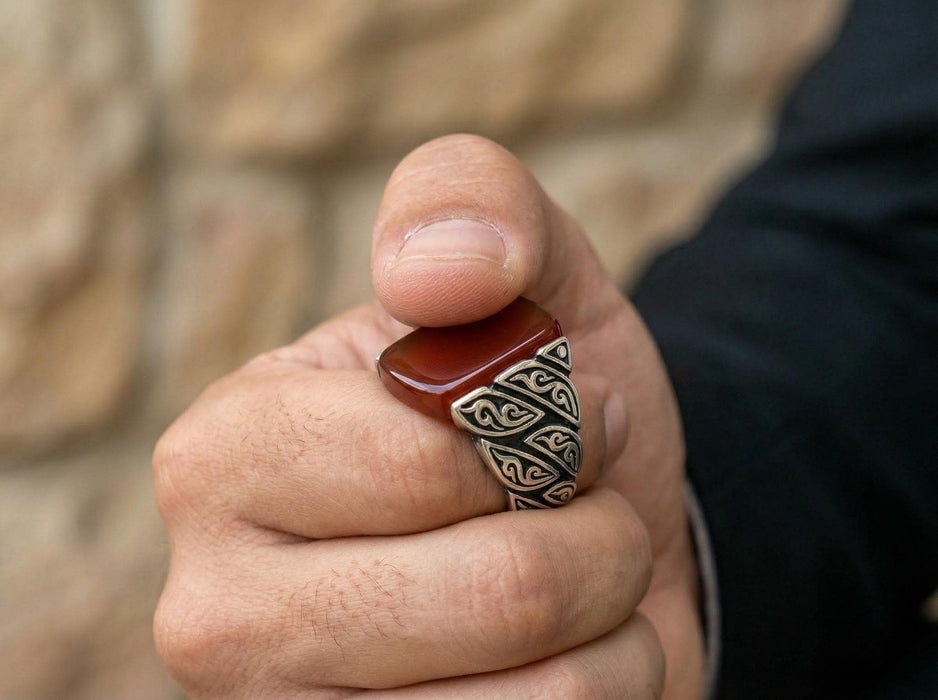 Bague en argent Akik rouge – Homme