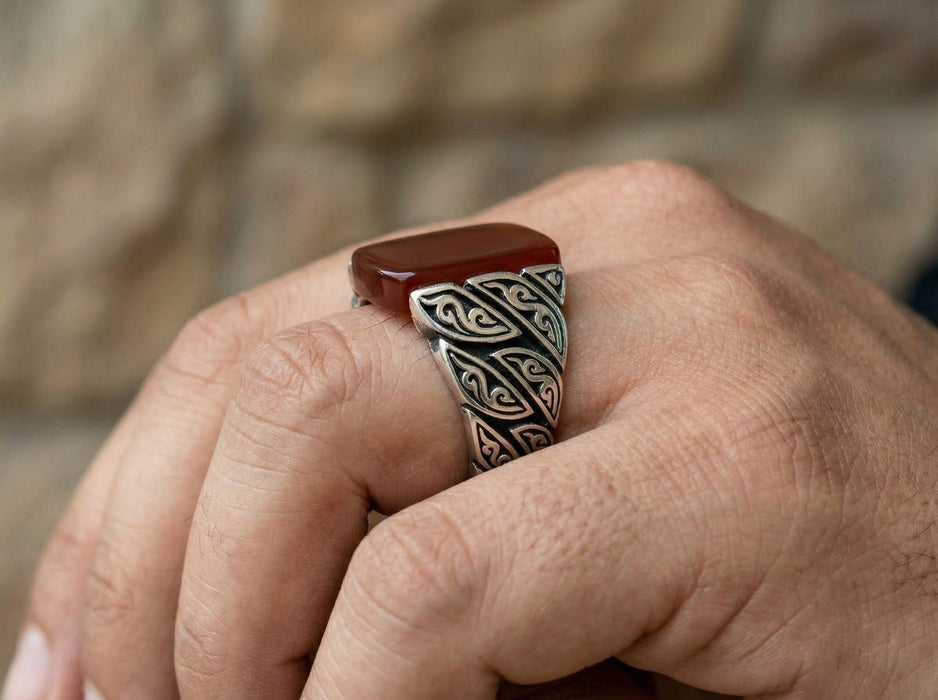 Bague en argent Akik rouge – Homme