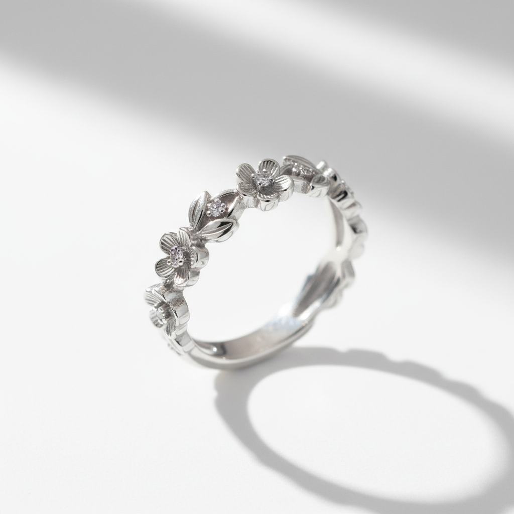 Sterling Silver Floral Ring on white background
